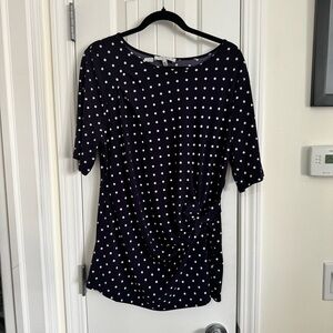 Chaus Navy and White Polka Dot Short Sleeve Top